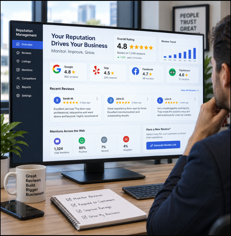 Online reputation management dashboard showing customer reviews, ratings, search visibility and reputation trends